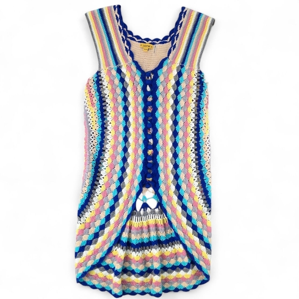 Lulumari Crochet Multicolor Knit Vest S/M Boho Festival Coastal Grandma Cottage